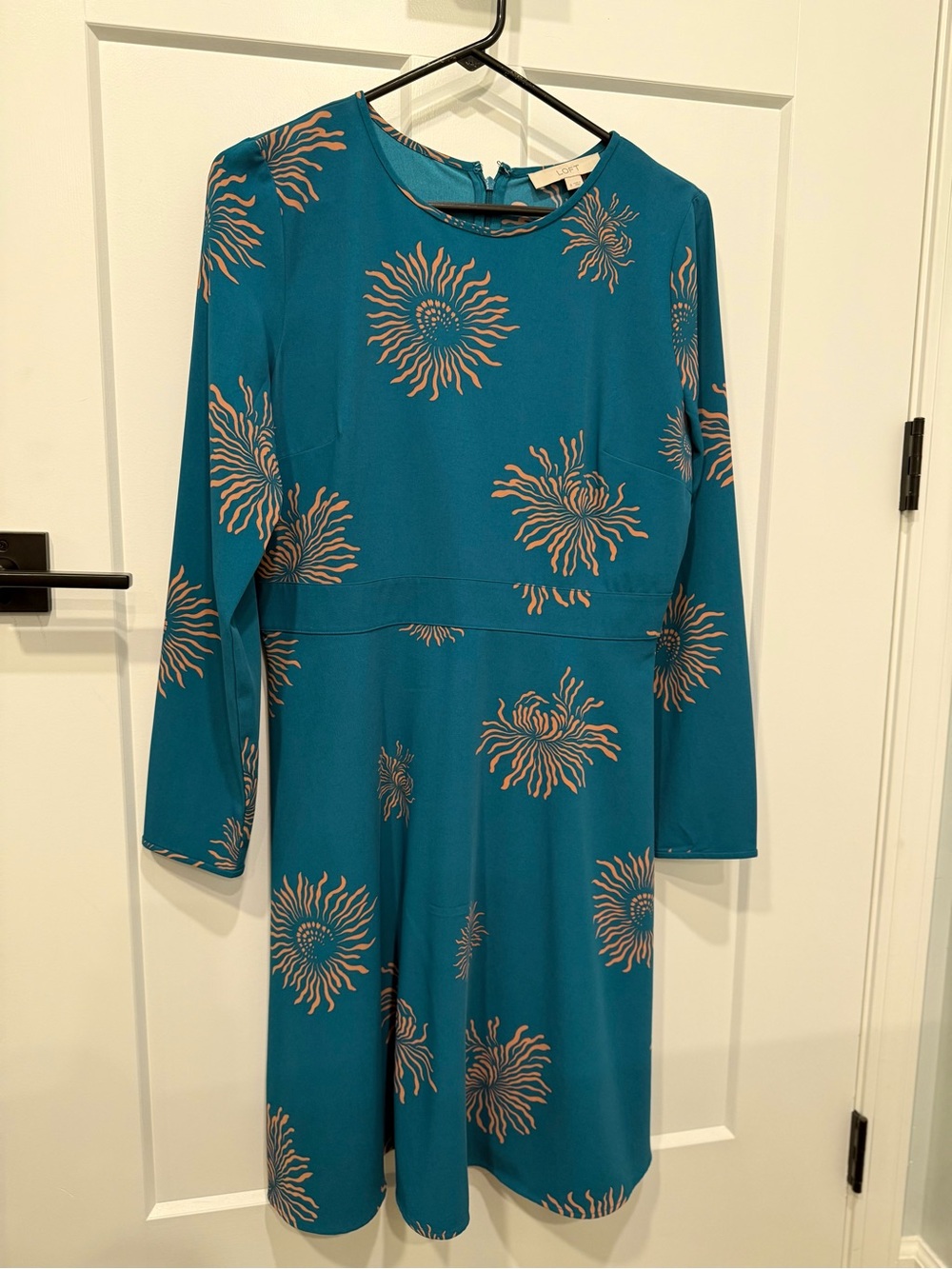 Teal Floral-Print Long Sleeve Dress